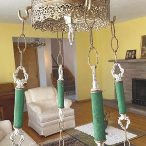 Hollywood Regency hanging swag marble table green velvet brass filigree vintage 1960s