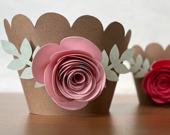 Cupcake Wrappers, Liners | Set of 12 | Floral Birthday Party Decor, Girls First Birthday, Paper Flowers, Rustic and Elegant Wedding Decor