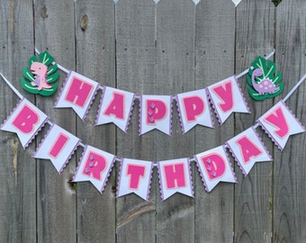 Custom Happy Birthday Banner | Girl Dinosaur Birthday Party, Custom Birthday Pennant Banner, Personalized Happy Birthday Banner, Pink Purple