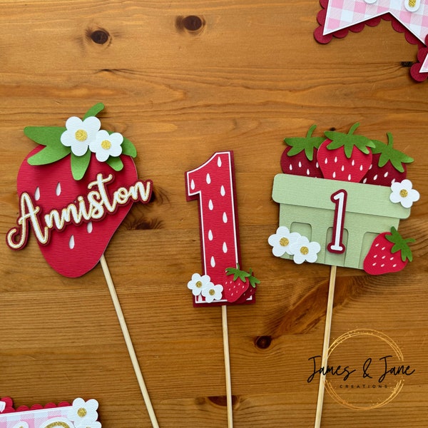 Strawberry Centerpiece Sticks | Personalized Berry Sweet, Berry First Birthday Centerpieces, Strawberry Birthday Theme, Berry Sweet Decor