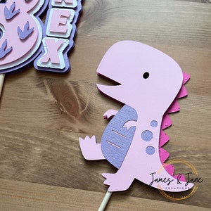 May include: Pink and purple dinosaur cake topper with a pink and white "REX" sign. The dinosaur is standing on a stick.