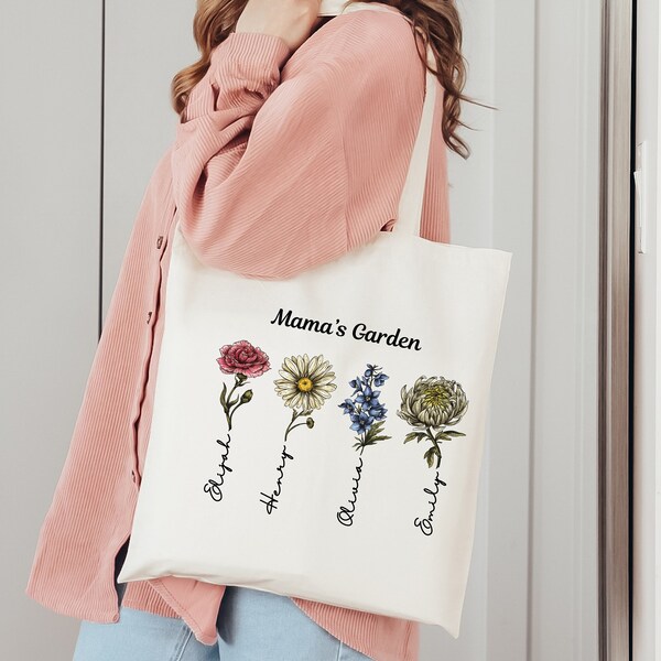 Custom Mama Grandma Tote bag with Custom Vintage Birth Flowers and Child's names, Gift for mom, Mother's Day Gift, Personalized Gift