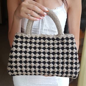 Crochet Two-Colored Top Handle Bag: Beige-Black & Beige-Orange, Shiny Macramé Cord