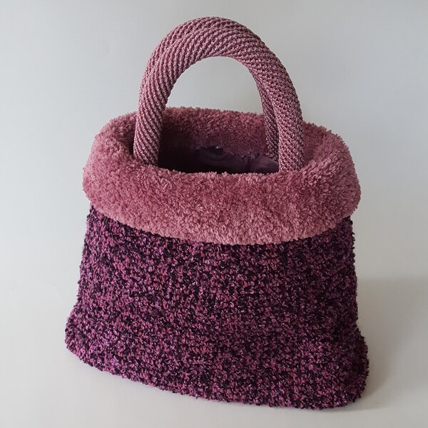 Top Handle Crochet Bag, Chic Bouclé Bag with Fluffy Edge,  Dusty Rose and Black Mixed Yarn Crochet Bag, Semi-Triangular Shaped Bag, Handmade