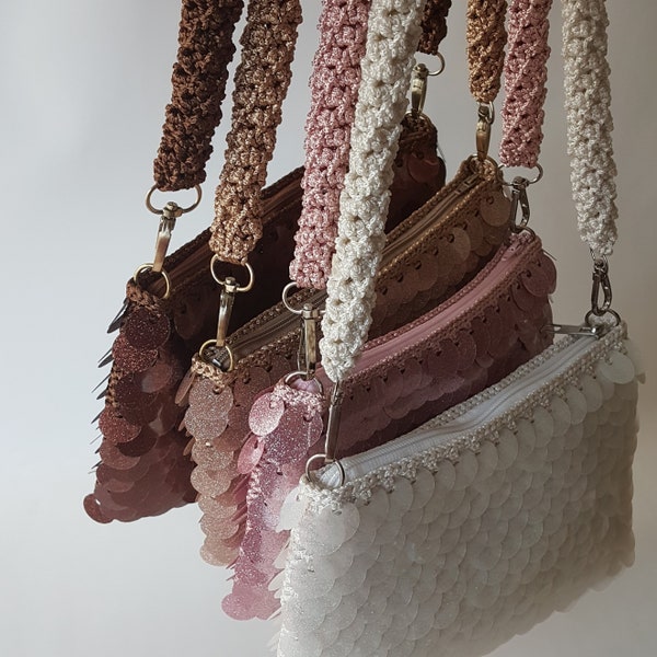 Fashion Crochet Bag w/ GLITTERY Sequins, Elegant Paillette Sequin Purse, 3 Detachable Handles (Shoulder-Crossbody-Wrist), Gift for Her,