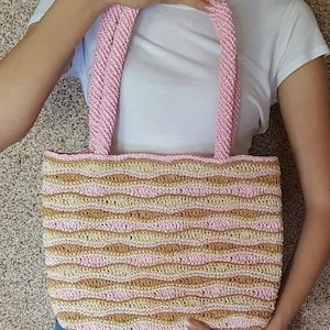Borsa in paglia all'uncinetto con motivo ondulato, borsa tote in filato di carta, grande borsa in paglia, manico a spalla, rosa/cammello/beige - turchese/verde/bianco