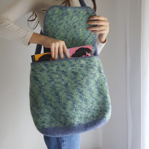 Large Felted Crochet Messenger Bag, 100% Wool, Fulled Shoulder Bag, Blue-Green Felted Tote Bag, Crossbody Schoolbag, Chic Roomy Bag Handmade