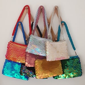 Fashion Crochet Bag w/ IRIDESCENT Sequins, Elegant Paillette Sequin Purse, 3 Detachable Handles (Shoulder-Crossbody-Wrist), Gift for Her (1)