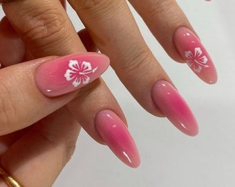 pink flora hand painted Nails /custom press on nails/ hand made Press on Nails/Faux Acrylic Nails/Gel Nails