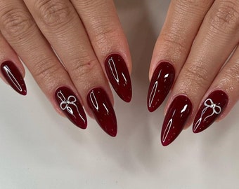 Claret bowknot hand painted Nails /Japanese nails /custom press on nails/ hand made Press on Nails/Faux Acrylic Nails/ y2k Nails