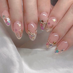golden liner glitter star nail /Japanese nails /custom press on nails/ hand made Press on Nails/Faux Acrylic Nails/ y2k Nails