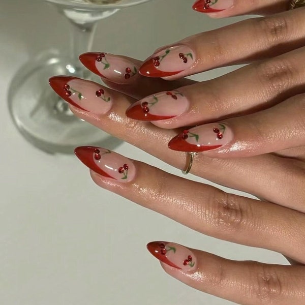 red cherry french nails/ hand made press on Nails/ ArgyleFake Nails/ Hand painted press on Nails/Faux Acrylic Nails/