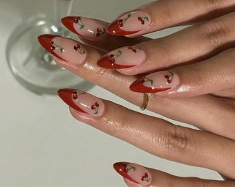 red cherry french nails/ hand made press on Nails/ ArgyleFake Nails/ Hand painted press on Nails/Faux Acrylic Nails/