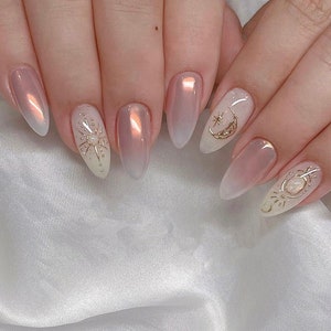 golden liner chrome almond nail /Japanese nails /custom press on nails/ hand made Press on Nails/Faux Acrylic Nails/ y2k Nails