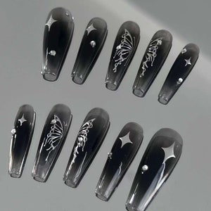 y2k silver butterfly star Nails /Japanese nails /custom press on nails/hand made Press on Nails/Faux Acrylic Nails/ Gel Nails/Press on Nails