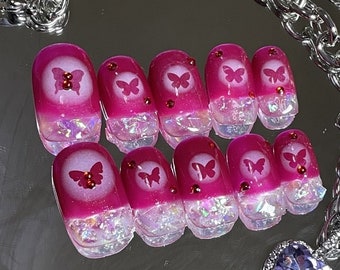Y2K Glitter butterfly Nails /Japanese nails /custom press on nails/ handmade Press on Nails/Faux Acrylic Nails/ Gel Nails/Press on Nails