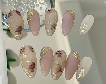 almond shape nail golden line flora flower Nails Japanese nails Kawaii/hand made /Press on Nails/Faux Acrylic Nails/Nails/Gel Nails