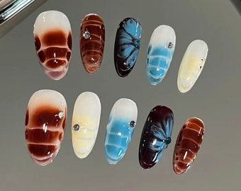 Ongles peints à la main graffitis colorés/ongles japonais/presse personnalisée sur les ongles/presse faite à la main sur les ongles/faux ongles en acrylique/ongles y2k