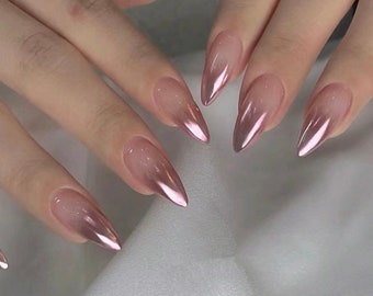 pink ombre chorme nails/ hand made press on Nails/ ArgyleFake Nails/ Hand painted press on Nails/Faux Acrylic Nails/