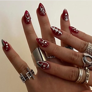 silver paint red nail/ y2k hand painted nail /custom press on nails/ hand made Press on Nails/Faux Acrylic Nails/ y2k Nails