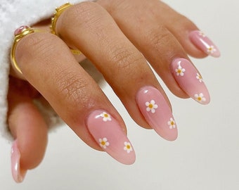 pink daisy flower nails/ hand made press on Nails/ ArgyleFake Nails/ Hand painted press on Nails/Faux Acrylic Nails/