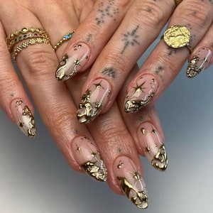 3d golden star graffiti hand painted nail /Japanese nails /custom press on nails/ hand made Press on Nails/Faux Acrylic Nails/ y2k Nails