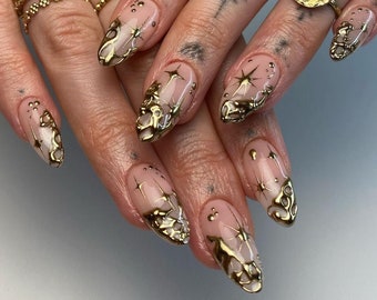 3d golden star graffiti hand painted nail /Japanese nails /custom press on nails/ hand made Press on Nails/Faux Acrylic Nails/ y2k Nails