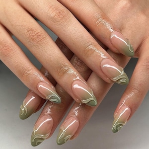 ombre green 3d jelly nails/ hand made press on Nails/ ArgyleFake Nails/ Hand painted press on Nails/Faux Acrylic Nails/