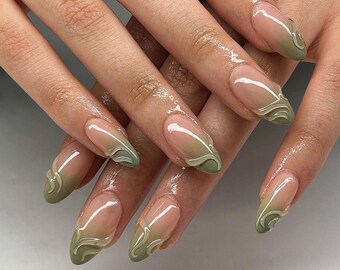 ombre green 3d jelly nails/ hand made press on Nails/ ArgyleFake Nails/ Hand painted press on Nails/Faux Acrylic Nails/