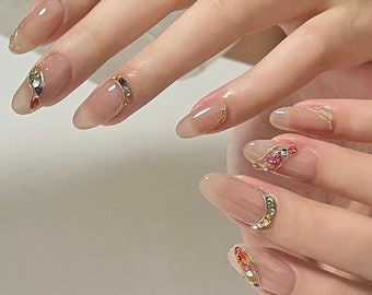 glitter crystal golden liner oval Nails /custom press on nails/ hand made Press on Nails/Faux Acrylic Nails/ Gel Nails/Press on Nails