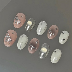 hand painted Nails /Japanese nails /custom press on nails/ hand made Press on Nails/Faux Acrylic Nails/ pink y2k Nails