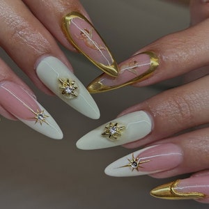 white golden angel french nails /Japanese nails /custom press on nails/ hand made Press on Nails/Faux Acrylic Nails/ y2k Nails
