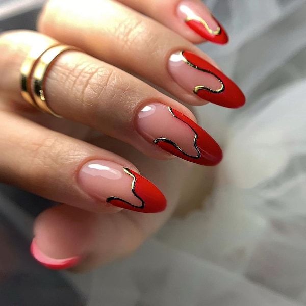 gold liner red french nails/ hand made press on Nails/ ArgyleFake Nails/ Hand painted press on Nails/Faux Acrylic Nails/