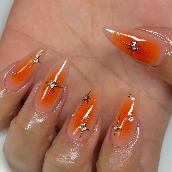 orange ombre star Nails / hand painted nails /custom press on nails/ hand made Press on Nails/Faux Acrylic Nails/ y2k Nails/ pink  nails