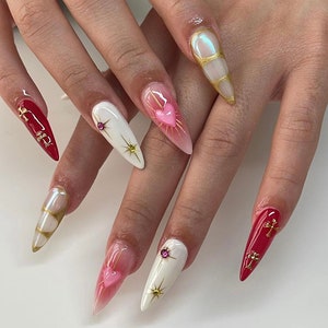 y2k pink heart Nails /custom press on nails/ hand made Press on Nails/Faux Acrylic Nails/ y2k nails/ Gel Nails/Press on Nails