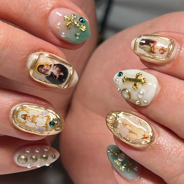 golden angel hand painted nails /custom press on nails/ hand made Press on Nails/Faux Acrylic Nails/ Gel Nails/Press on Nails