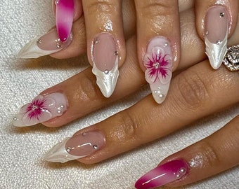 3d pink flora pearl french nail /hand painted press on nails /custom press on nails/ hand made Press on Nails/Faux Acrylic Nails/ y2k Nails