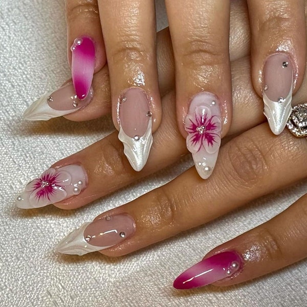 3d pink flora pearl french nail /hand painted press on nails /custom press on nails/ hand made Press on Nails/Faux Acrylic Nails/ y2k Nails