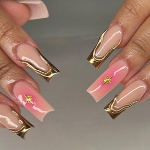 golden pink star nails/ hand made press on Nails/ ArgyleFake Nails/ Hand painted press on Nails/Faux Acrylic Nails/