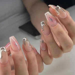 silver pink star nails/ hand made press on Nails/ ArgyleFake Nails/ Hand painted press on Nails/Faux Acrylic Nails/