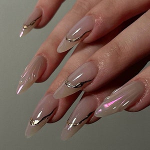 gold liner chrome nail / aespa nails /custom press on nails/ hand made Press on Nails/Faux Acrylic Nails/ y2k Nails