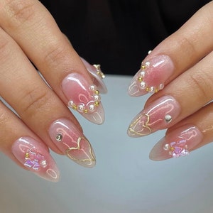 pink crystal pearl Nails /Japanese nails /custom press on nails/ hand made Press on Nails/Faux Acrylic Nails/ Gel Nails/Press on Nails