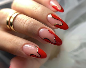 gold liner red french nails/ hand made press on Nails/ ArgyleFake Nails/ Hand painted press on Nails/Faux Acrylic Nails/