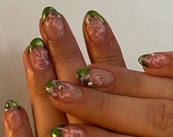 green chrome french pink flora hand painted Nails /custom press on nails/ hand made Press on Nails/Faux Acrylic Nails/Gel Nails