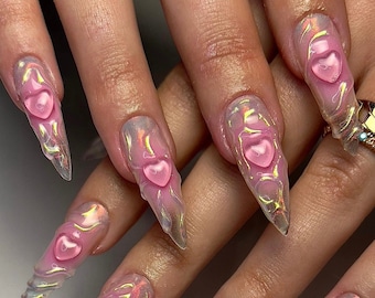 3d gel pink heart nail/ colourful graffiti hand painted nail /custom press on nails/ hand made Press on Nails/Faux Acrylic Nails/ y2k Nails