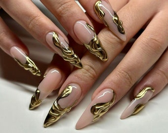 3d golden wavy line nails /Japanese nails /custom press on nails/ hand made Press on Nails/Faux Acrylic Nails/ y2k Nails