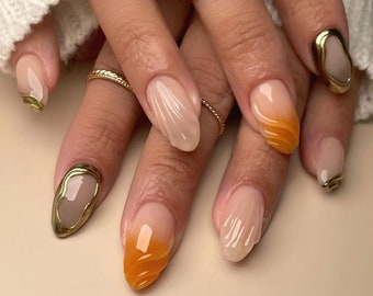 ombre 3d golden liner nails /Japanese nails /custom press on nails/ hand made Press on Nails/Faux Acrylic Nails/ y2k Nails