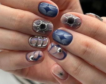 y2k silver blue Nails /Japanese nails /custom press on nails/ hand made Press on Nails/Faux Acrylic Nails/ Gel Nails/Press on Nails