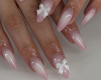 pink ombre bowknot nail /Japanese nails /custom press on nails/ hand made Press on Nails/Faux Acrylic Nails/ y2k Nails