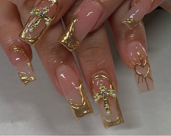 clavo pintado a mano de cromo dorado /prensa personalizada en las uñas/ Prensa hecha a mano en uñas/Uñas acrílicas sintéticas/ Uñas y2k